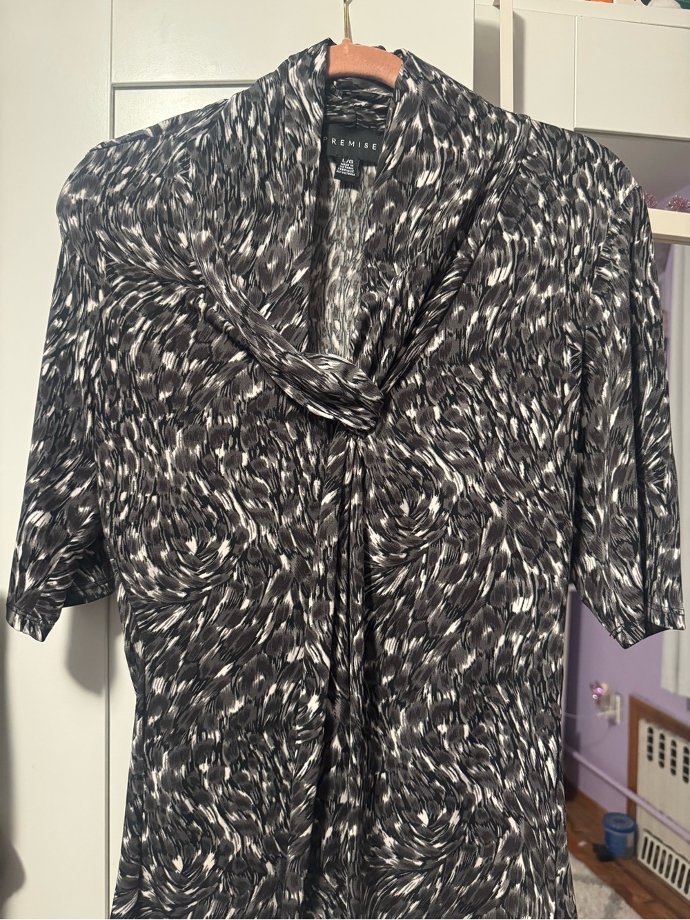 Premise Black & White Abstract Tie-Neck Blouse